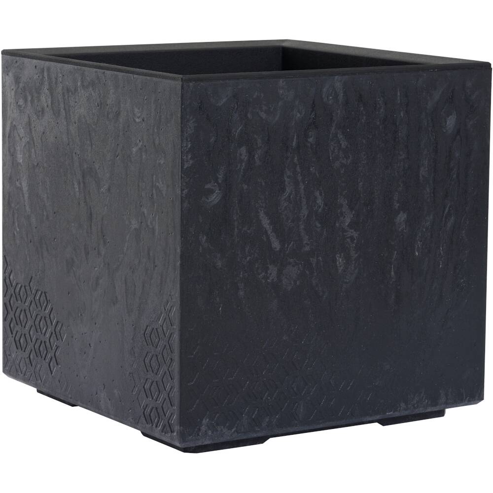 Grand pot de fleurs carré noir en béton, vide, avec une surface légèrement texturée, adapté pour l'extérieur.