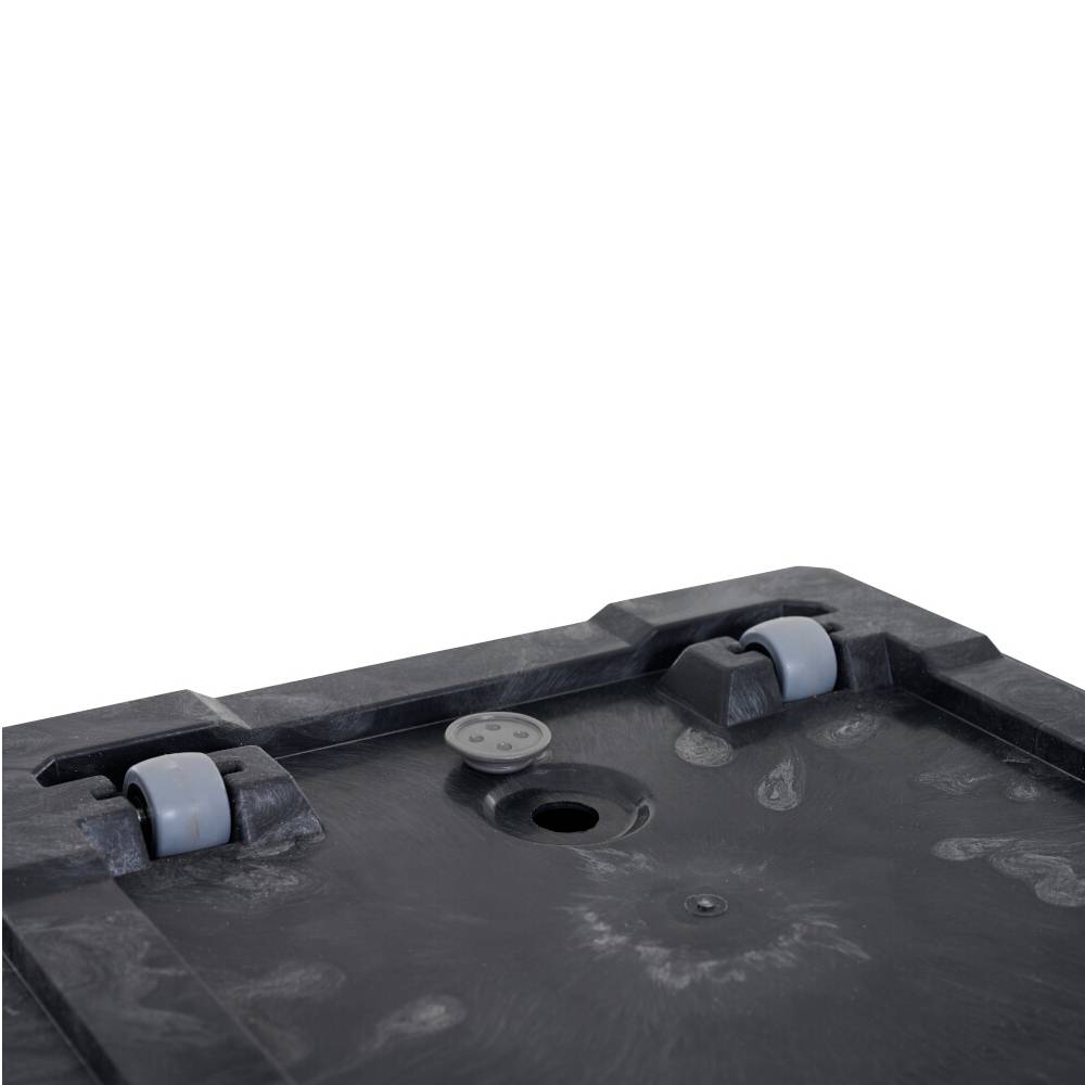 Une table sombre, rectangulaire, équipée de roulettes et présentant une ouverture circulaire en son centre, adaptée au stockage ou au transport.