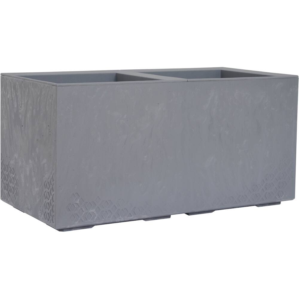 Pot de fleurs rectangulaire gris avec deux compartiments et surface légèrement texturée.