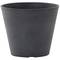 Pot de fleurs gris en plastique, forme cylindrique, sans plantes ni décoration, adapté pour une utilisation intérieure et extérieure.