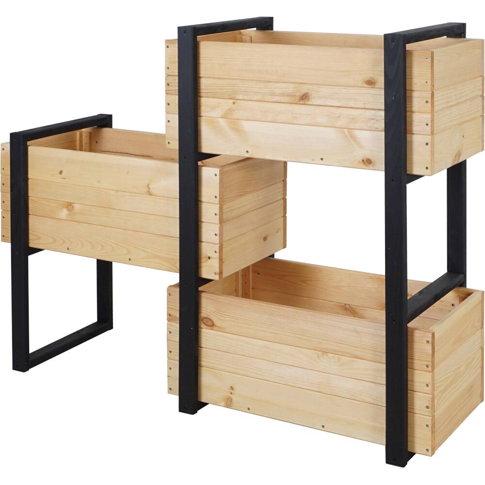 Deux bacs à plantes en bois empilés avec un cadre métallique noir sur un fond blanc.