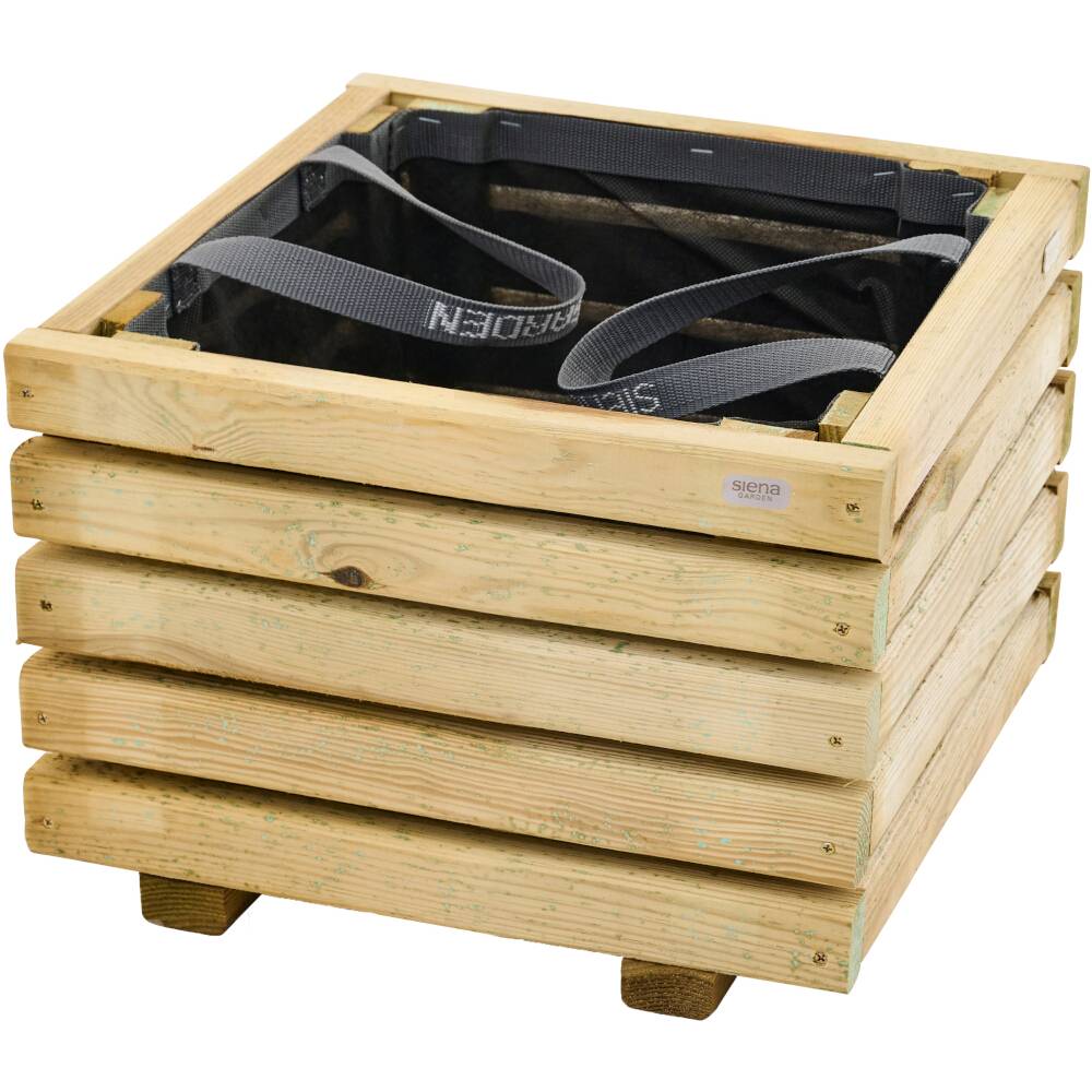 Caisse en bois avec lattes empilées, poignée de transport renforcée et structure rectangulaire. Adaptée pour des usages de jardinage ou de rangement.
