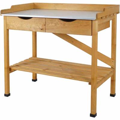 Table de travail en bois avec deux tiroirs et une étagère inférieure, idéale pour l'atelier ou le garage.