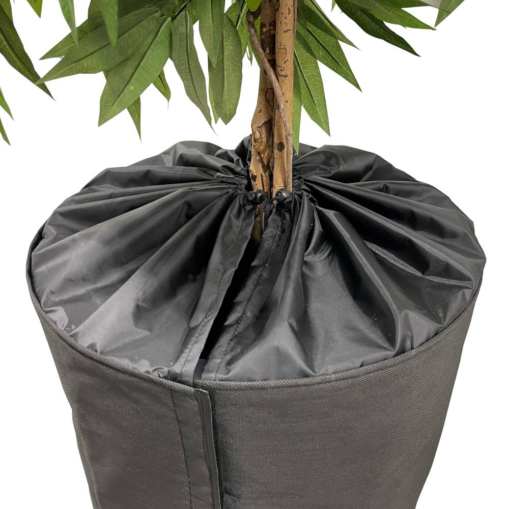 Un arbre avec un grand sac de plantation noir autour du tronc. Le sac de plantation maintient la terre en place et les feuilles vertes sont visibles.
