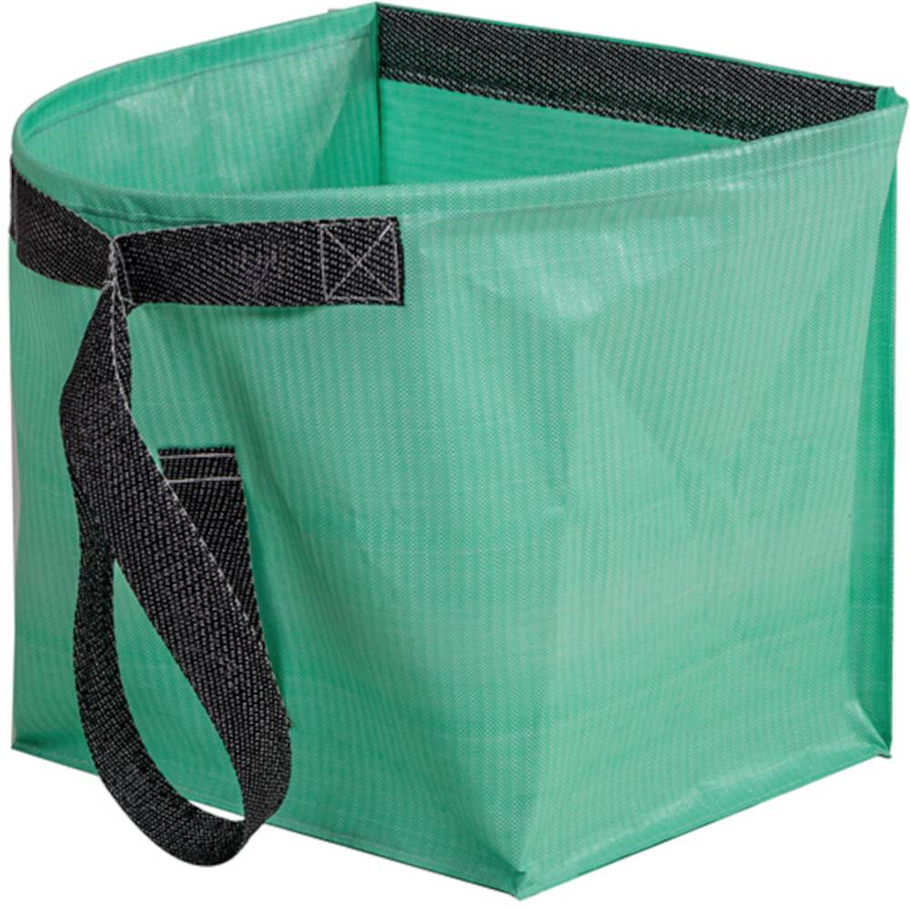 Un conteneur vert, rectangulaire, fait d'un matériau solide, muni de deux poignées noires sur les côtés.