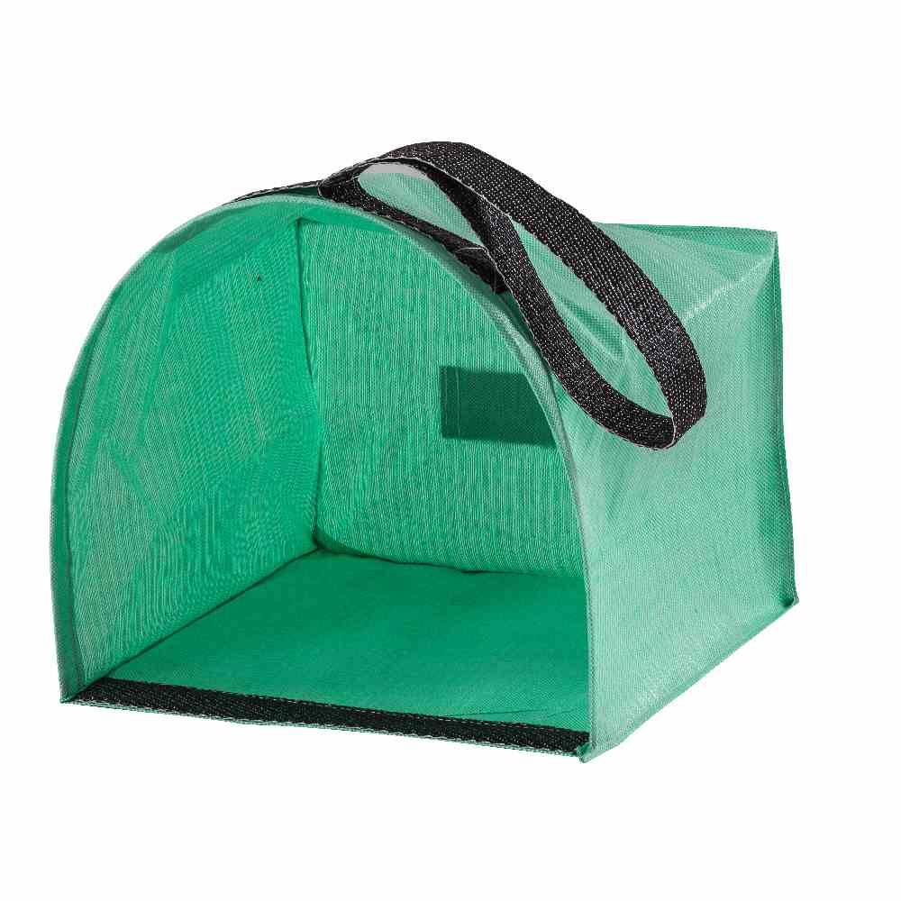 Sac en feutre vert, ouvert, avec poignée de transport, adapté pour le transport ou le rangement d'objets.