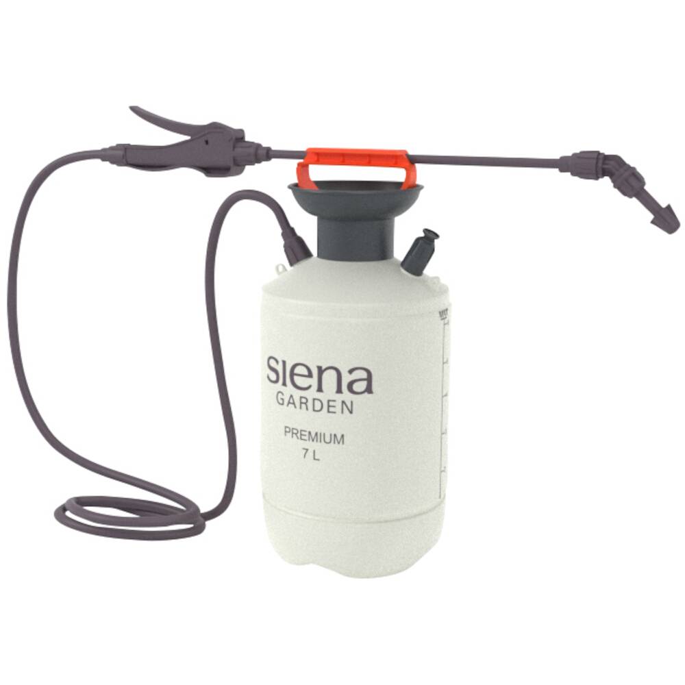 Pulvérisateur de jardin de 'Siena Garden' d'une capacité de 7 litres, avec tuyau noir et buse de pulvérisation. Idéal pour les produits phytosanitaires.