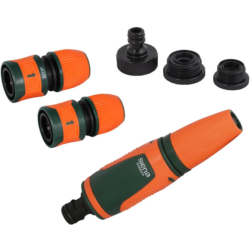 Un ensemble de raccords et de buses d'irrigation de jardin avec un schéma de couleurs orange et vert, idéal pour améliorer le contrôle de l'irrigation.