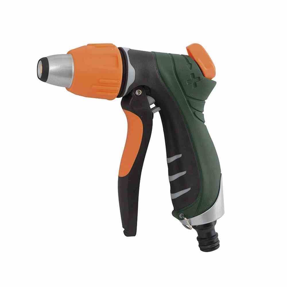 Pistolet à eau vert et orange avec embout de pulvérisation réglable et poignée ergonomique, sur fond blanc.