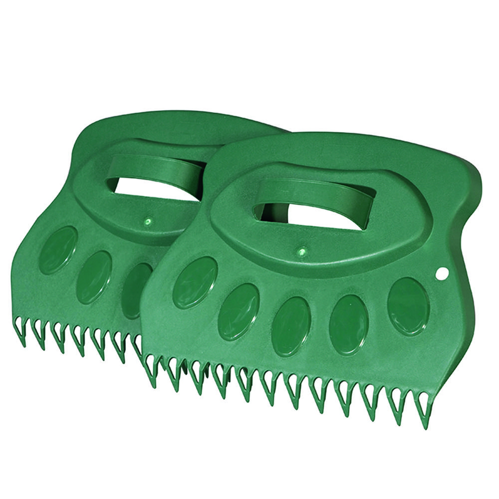 Outil de ramassage de feuilles en plastique vert avec des poignées, présenté sur un fond blanc.