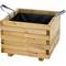 Caisse en bois avec poignées ouvertes et doublure intérieure noire. Adaptée au rangement ou comme pot de plantation.