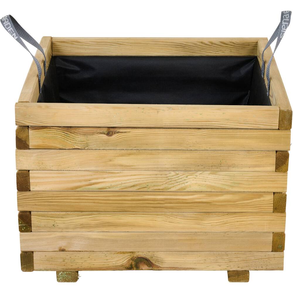 Boîte en bois avec revêtement intérieur noir et deux poignées grises, adaptée aux plantes ou au rangement.