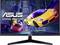 Moniteur de jeu Asus affichant un paysage urbain futuriste avec deux voitures de sport filant dans les airs.
