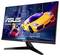 Il présente un moniteur de gaming ASUS avec une image de deux voitures de sport dévalant un paysage urbain futuriste.