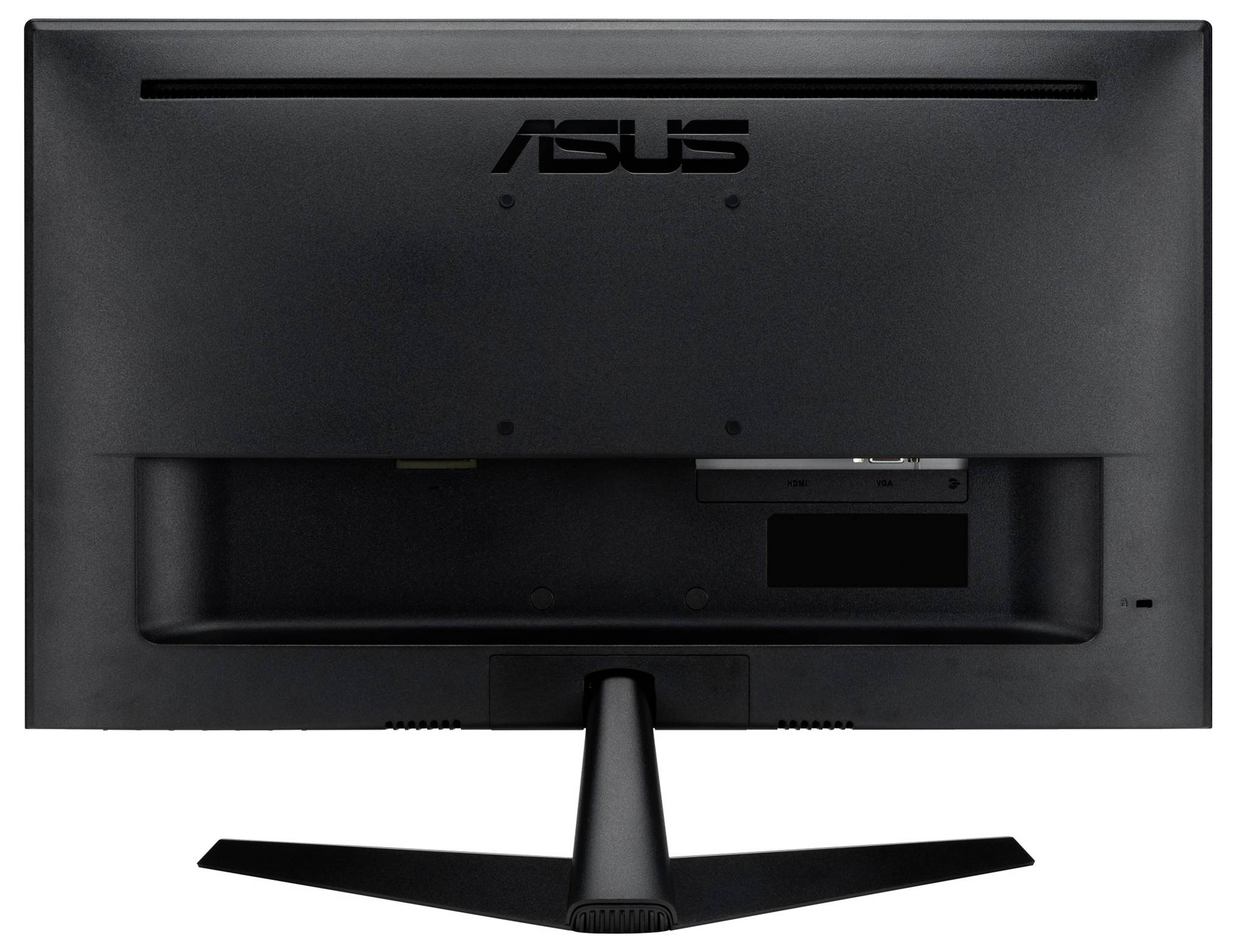 Un moniteur noir ASUS, vu de dos, montrant le socle et les connexions sur la face inférieure.