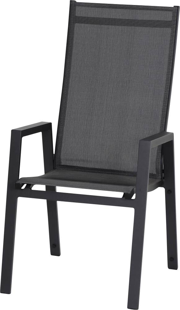 Chaise de jardin noire en métal avec dossier haut et accoudoirs. Adaptée à l'extérieur, design épuré et moderne.