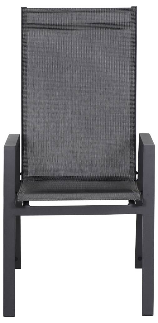 Une chaise de jardin moderne et individuelle en métal, tapissée de tissu gris, adaptée pour un usage extérieur.