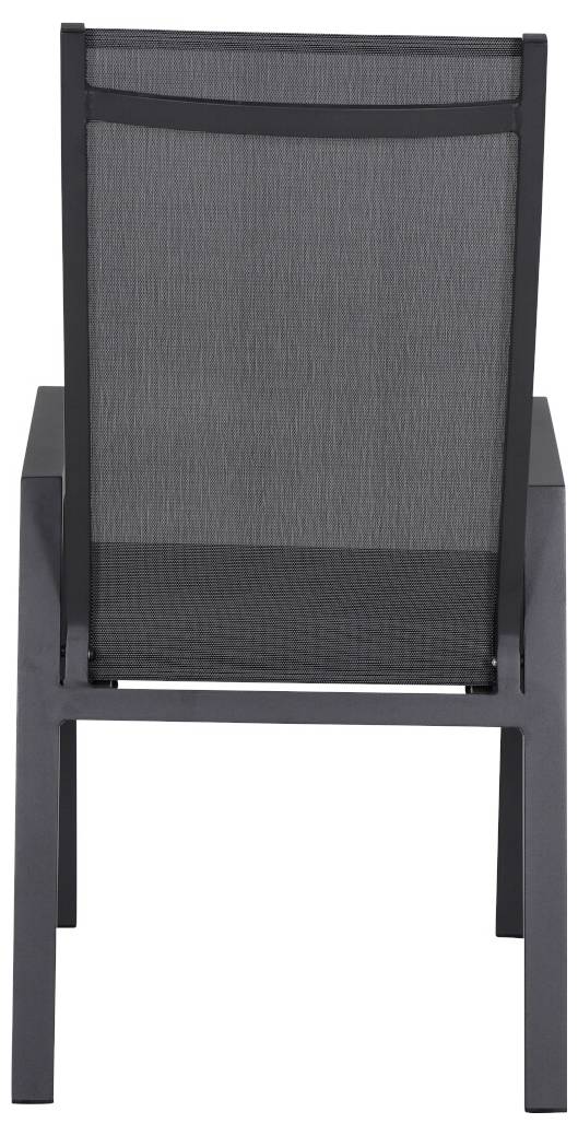 Chaise de jardin noire en métal avec dossier en maille, vue de dos.