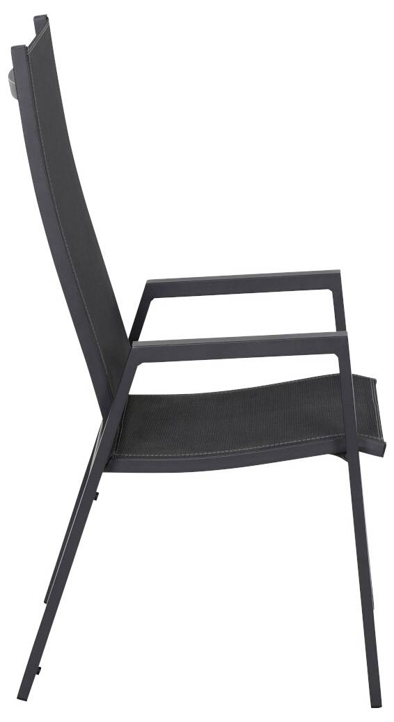 Chaise moderne en métal noir vue de côté, sans rembourrage, avec dossier droit et accoudoirs, adaptée pour un bureau ou une salle à manger.