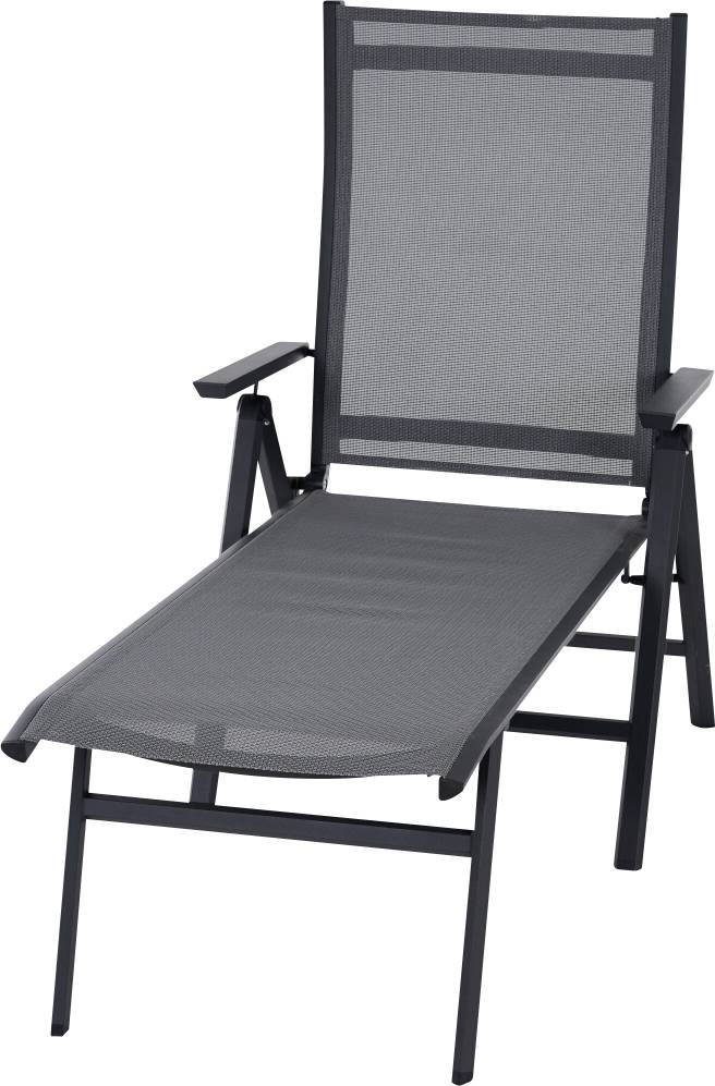 Chaise de jardin pliante avec structure en métal et assise en tissu maillé gris, dotée d'accoudoirs. Idéale pour terrasses ou balcons.