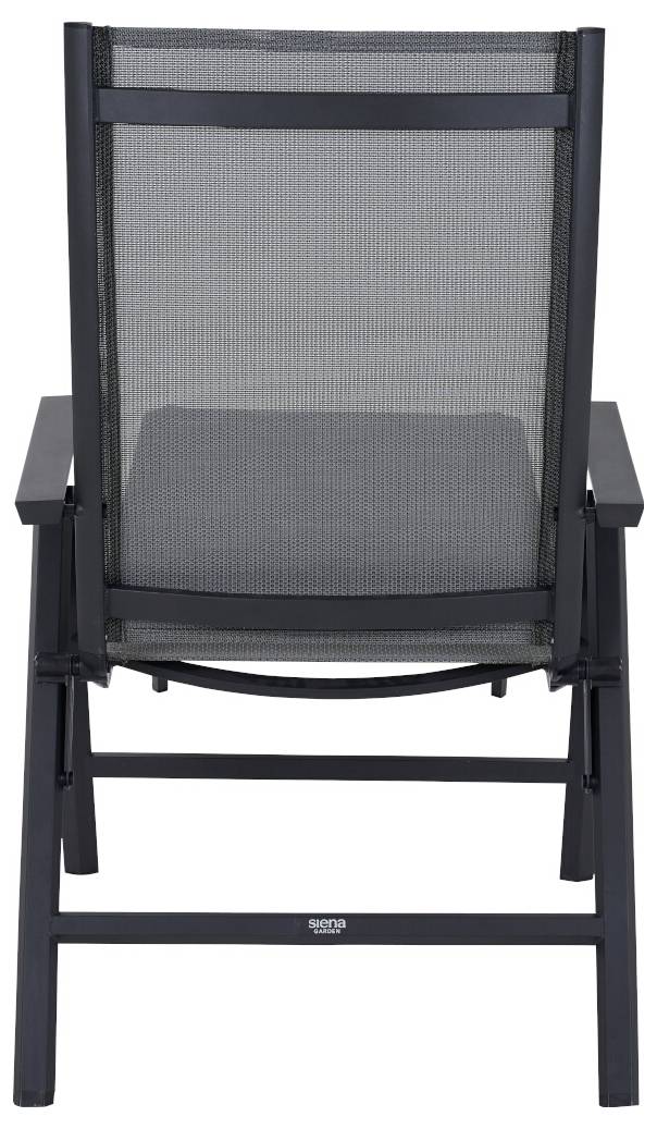 Une chaise pliante noire avec dossier en maille, adaptée à une utilisation extérieure. Conçue de manière robuste et fonctionnelle.