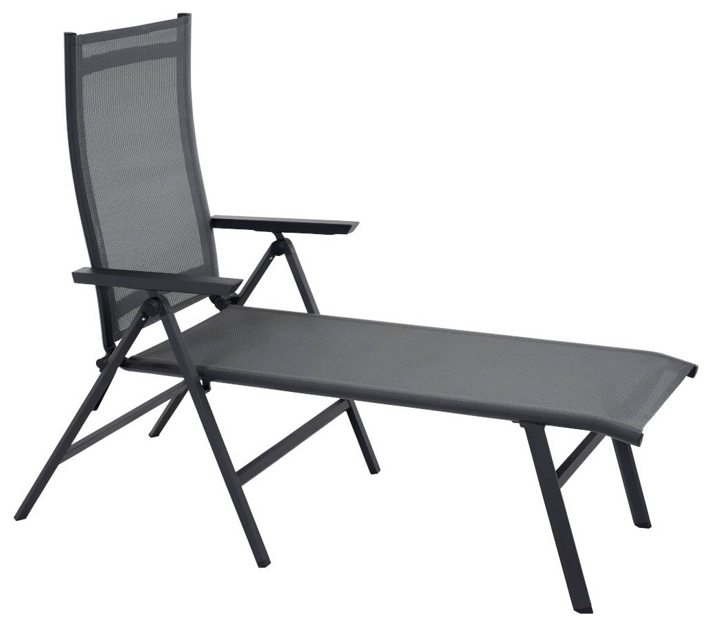 Un bain de soleil moderne noir avec accoudoirs, adapté à l'extérieur, est placé en position latérale.