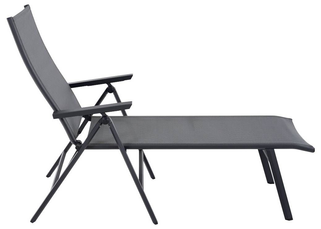Chaise longue de soleil en métal noir, réglable, avec accoudoirs, adaptée pour l'extérieur.