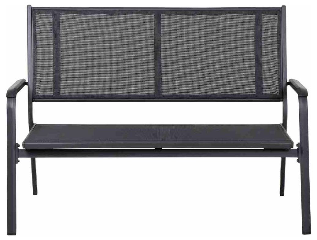 Banc en métal avec dossier et accoudoirs, design à mailles noires, autoportant sur fond blanc. Adapté pour l'extérieur.