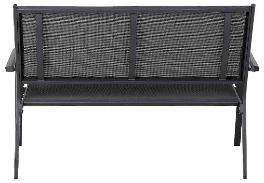 Banc en métal laqué noir avec dossier et accoudoirs, adapté aux espaces extérieurs ou aux jardins.