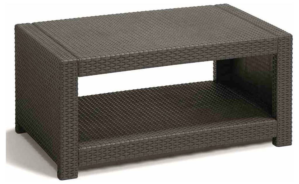 Table basse rectangulaire en résine tressée marron foncé, avec un espace ouvert en dessous. Idéale pour l'extérieur.