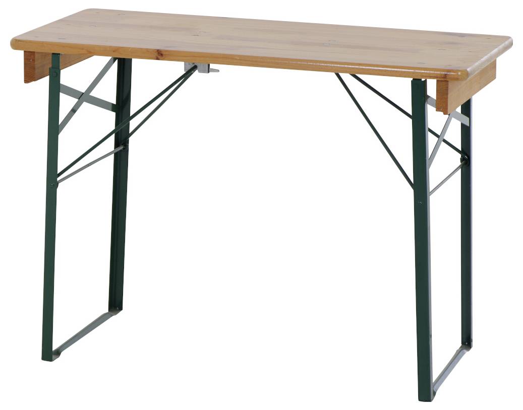 Table rectangulaire en bois avec pieds pliables en métal de couleur vert foncé, adaptée à une utilisation intérieure et extérieure.