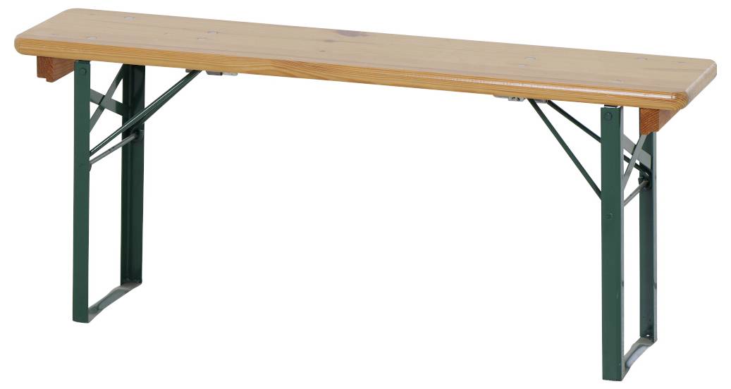 Banc en bois avec pieds en métal vert, idéal pour les réceptions de jardin.