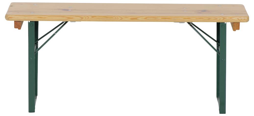 Banc en bois avec pieds en métal vert. Adapté pour une utilisation dans un jardin ou lors d'événements.