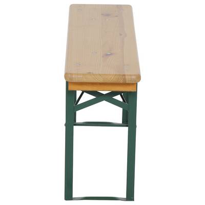 Banc en bois avec un cadre métallique vert, vue de face.