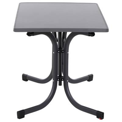 Table rectangulaire grise avec quatre pieds courbés, disposés en deux structures en forme de U.