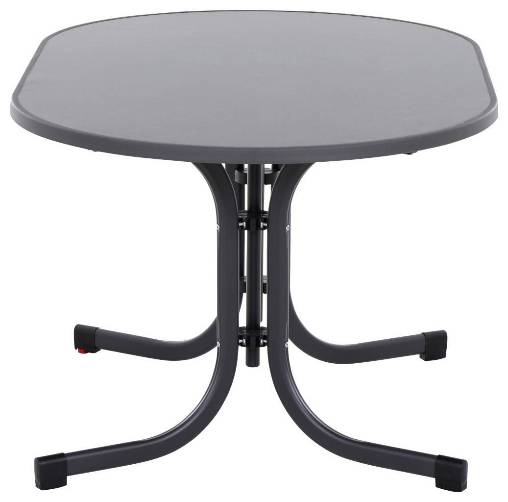 Une table de jardin ronde en métal avec quatre pieds galbés, adaptée à un usage extérieur.