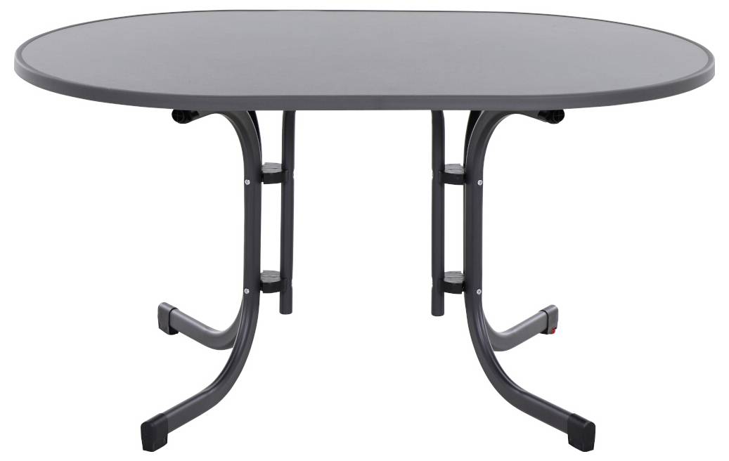 Table ovale en métal avec des pieds incurvés, surface grise, convenant à un usage extérieur.