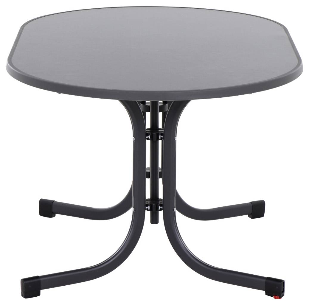Table ronde en métal noir avec quatre pieds galbés. Convient à une utilisation intérieure ou extérieure.
