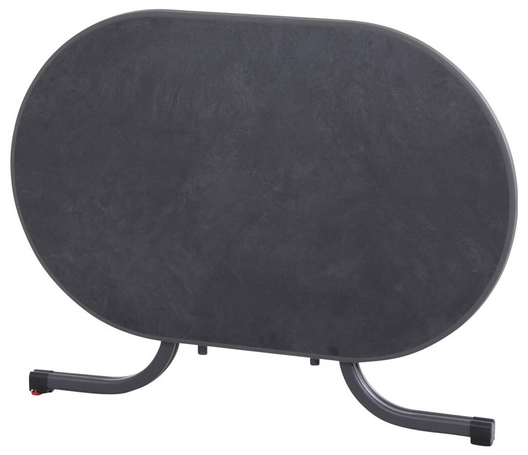 Table pliable, rond, avec deux pieds en forme de U en noir. Adapté pour économiser de l'espace dans les petites pièces ou les espaces de rangement.