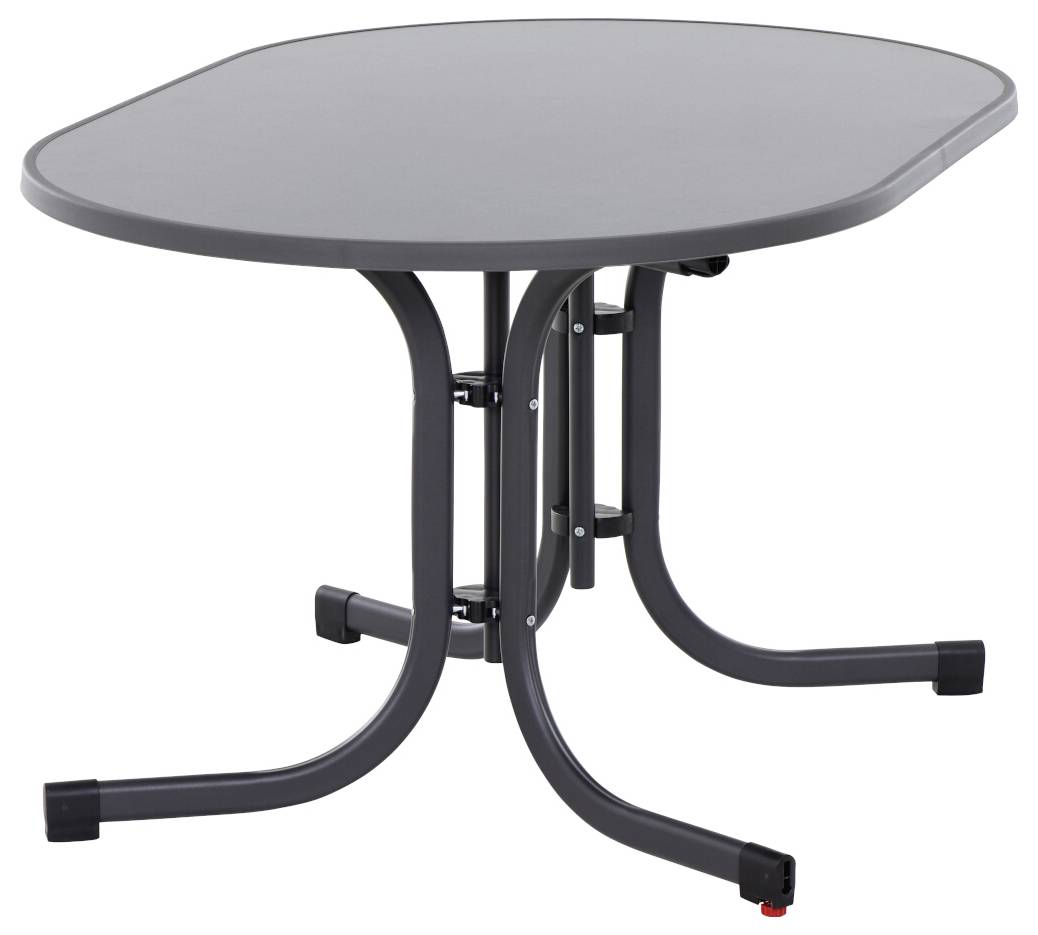 Une table de jardin rectangulaire aux coins arrondis, dotée d'un châssis métallique robuste. Parfaite pour l'extérieur.