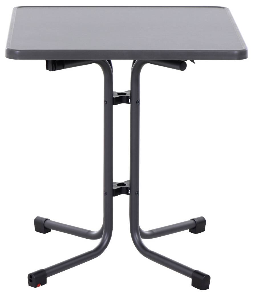 Une table rectangulaire pliante avec un plateau gris et des pieds en métal noir, idéale pour les espaces compacts.