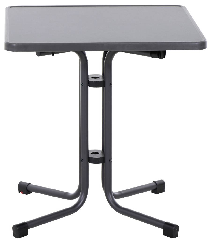 Une table noire, rectangulaire, avec des pieds en métal, posée sur un sol. Adaptée pour un usage intérieur ou extérieur.