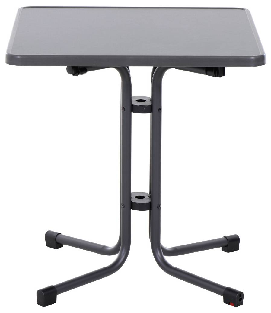 Une petite table carrée à surface noire et pieds en métal. Idéale pour les espaces compacts ou comme table d'appoint.