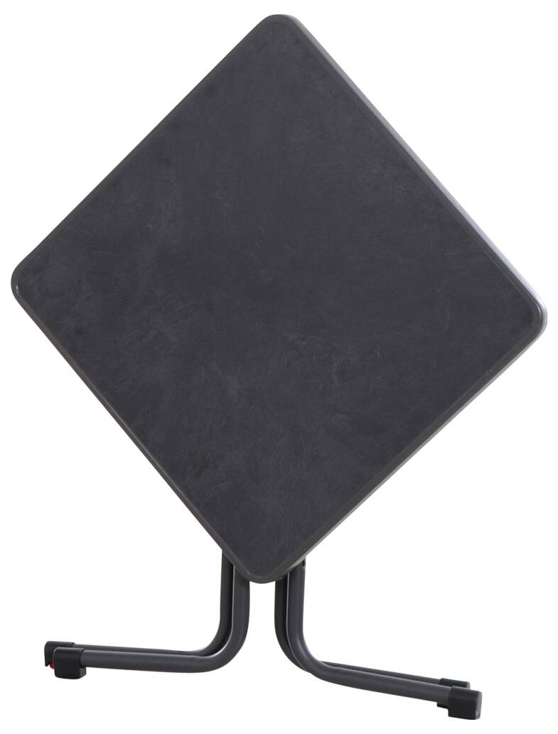 Petite table pliante noire avec un plateau carré, positionnée en diagonale sur un support métallique en forme de U.