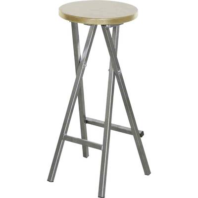 Un tabouret de bar haut avec un siège rond en bois et des pieds en métal, posé sur un sol.