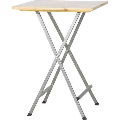 Une table haute pliante avec plateau en bois et structure métallique, idéale pour les fêtes ou les salons professionnels.
