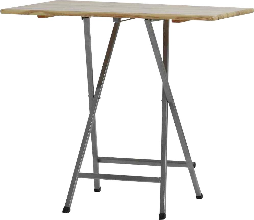 Une table simple en bois, pliante, avec des pieds en métal, est droite.