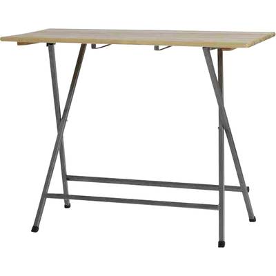 Table pliante avec pieds en métal et plateau en bois, pliée et debout à l'intérieur.