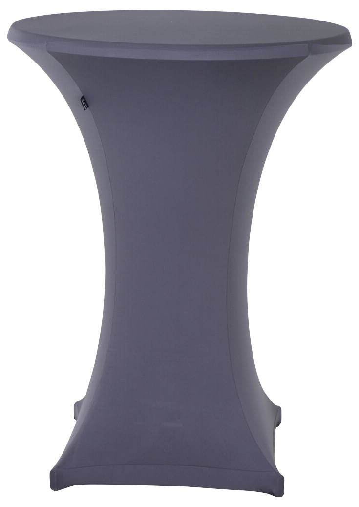 Une table haute ronde recouverte d'une nappe gris foncé, adaptée aux événements ou aux espaces de buffet.