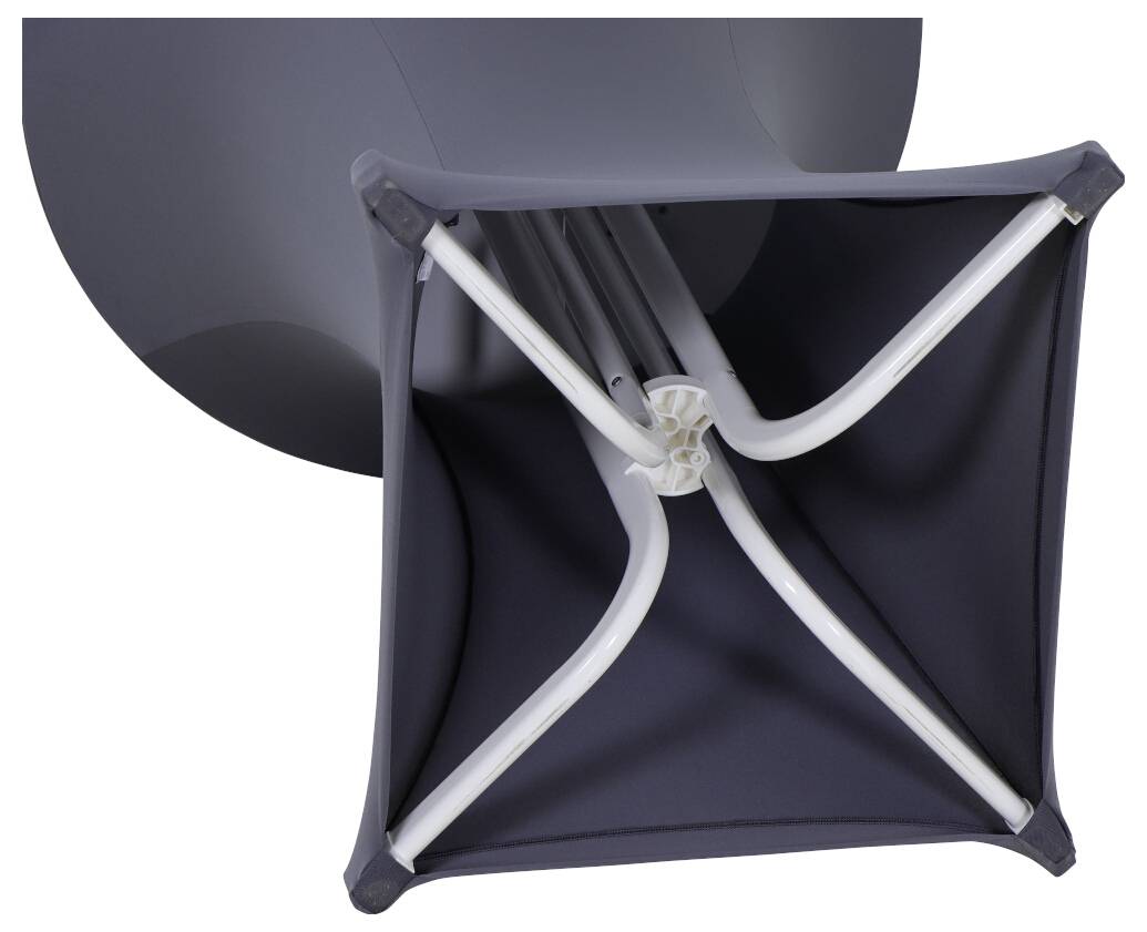 'Dessous d'une chaise gris foncé avec un châssis métallique blanc, prise de vue du dessous.'